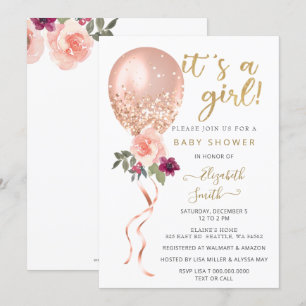 Glitter Pink Floral Balloon Girl Baby shower Kaart