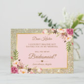 Glitter Pink Floral zal je mijn Bridesmaid zijn Kaart (Staand voorkant)
