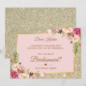 Glitter Pink Floral zal je mijn Bridesmaid zijn Kaart (Voorkant / Achterkant)
