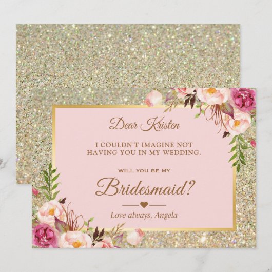 Glitter Pink Floral zal je mijn Bridesmaid zijn Kaart (Voorkant / Achterkant)