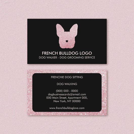 Glitter Pink French Bulldog Groomer Dog Walking Visitekaartje