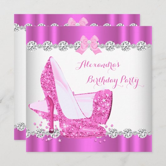 Glitter Pink Glamor High Heels Birthday Party Kaart (Voorkant / Achterkant)