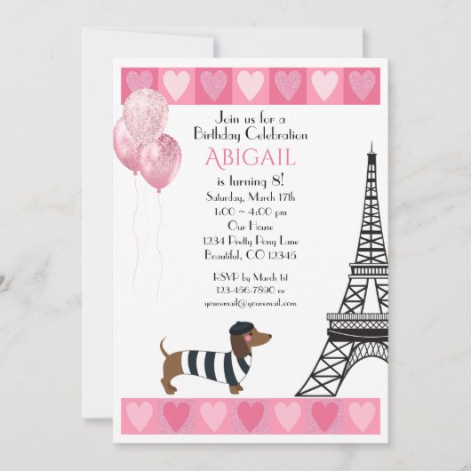 Glitter Pink Hearts Eiffeltower Dog Kaart (Voorkant)