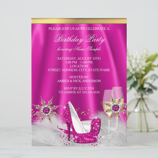 Glitter Pink High Heels Gold Champagne Party Kaart (Staand voorkant)