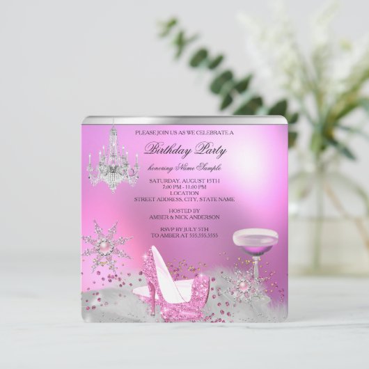 Glitter Pink High Hiel Shoes Champagne Party 2 Kaart (Staand voorkant)