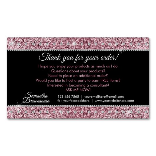 Glitter Pink Jewelry Diamond Bling Dank u Magnetisch Visitekaartje (Voorkant)
