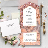 Glitter Pink Marble Wedding White en Roos Gold All In One Uitnodiging