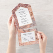 Glitter Pink Marble Wedding White en Roos Gold All In One Uitnodiging (Afscheurbaar)