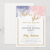 Glitter Pink & Navy Blue Waterverf Geslacht onthul Kaart (Voorkant / Achterkant)