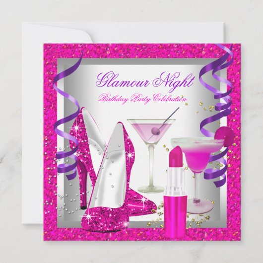 Glitter Pink Paars Glamor Night Martini Kaart (Voorkant)