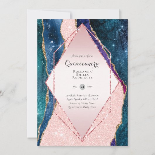 Glitter Pink QUINCEANERA - AGATE Roos Gold Kaart (Voorkant)