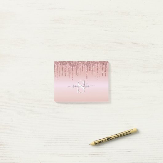 Glitter Pink Rose Gold Monogram Naam Post-it® Notes (Op bureau)