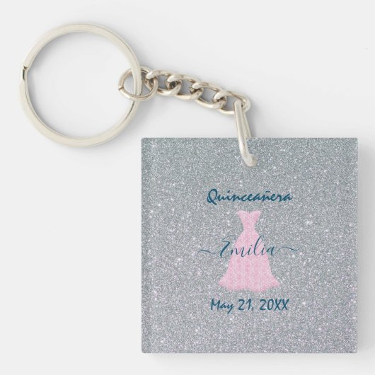 Glitter Pink & Silver Quinceanera Sleutelhanger (Voorkant)