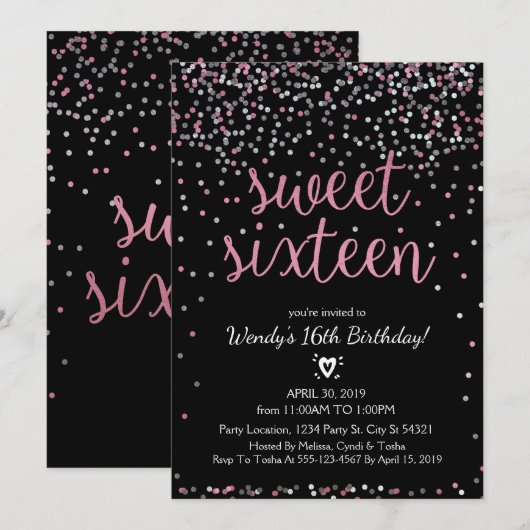 Glitter Pink & Silver Sweet 16 Birthday Uitnodigin Kaart (Voorkant / Achterkant)