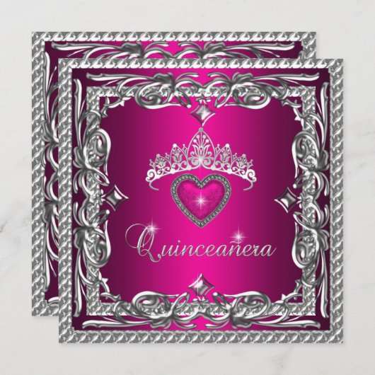 Glitter Pink Silver Tiara Quinceanera 15th Kaart (Voorkant / Achterkant)