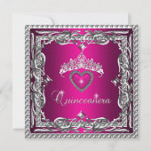 Glitter Pink Silver Tiara Quinceanera 15th Kaart (Voorkant)