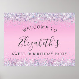 Glitter Pink Sweet 16 Birthday Party Welcome Poster