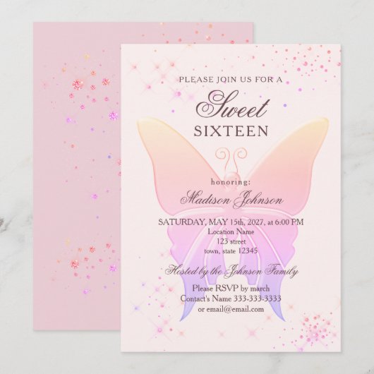 Glitter Pink Sweet 16 Verjaardag Uitnodiging (Voorkant / Achterkant)