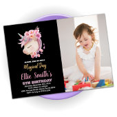 Glitter Pink Unicorn Birthday met foto Kaart