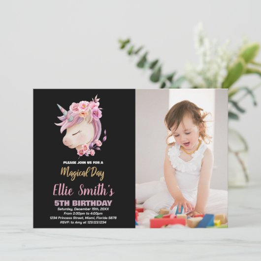 Glitter Pink Unicorn Birthday met foto Kaart (Staand voorkant)