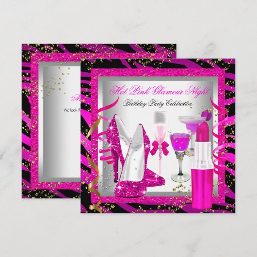 Glitter Pink Zebra Glamor Night Birthday Party Kaart (Voorkant / Achterkant)