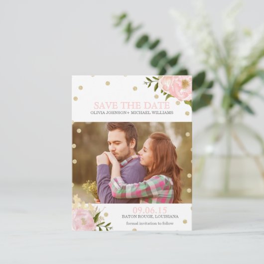 Glitter Pioen Save the Date Aankondigingen (Staand voorkant)