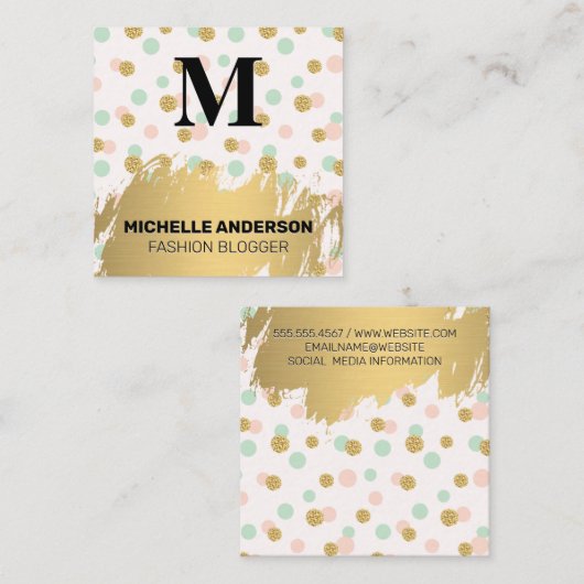 Glitter Polka Dot | Goud geborsteld | Monogram Vierkante Visitekaartje (Voorkant / Achterkant)