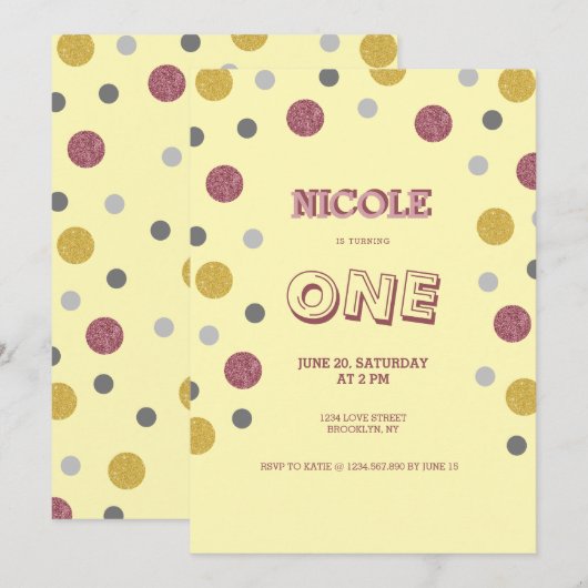 Glitter Polka Dots 1st verjaardag Kaart (Voorkant / Achterkant)