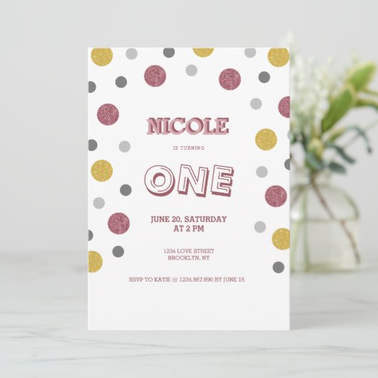 Glitter Polka Dots 1st verjaardag Kaart (Staand voorkant)