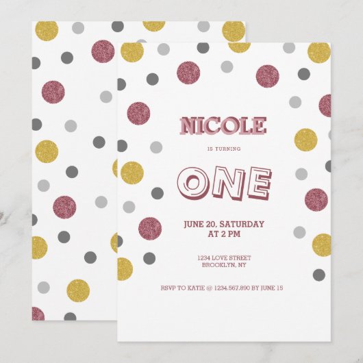 Glitter Polka Dots 1st verjaardag Kaart (Voorkant / Achterkant)