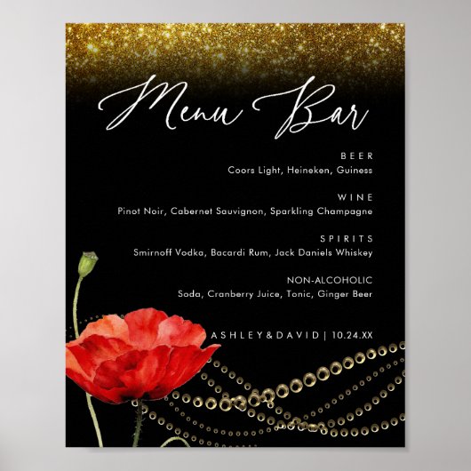 Glitter Poppy Elegant Wedding Menu Bar Poster (Voorkant)