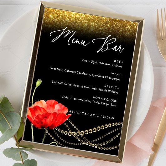 Glitter Poppy Elegant Wedding Menu Bar Poster