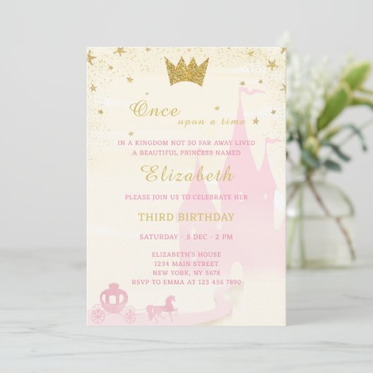Glitter Prinses Verjaardag Uitnodiging (Staand voorkant)