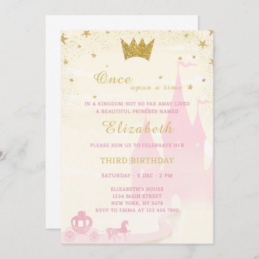 Glitter Prinses Verjaardag Uitnodiging (Voorkant / Achterkant)