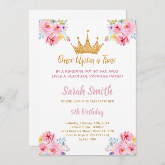 Glitter Prinses Verjaardag Uitnodiging (Voorkant / Achterkant)