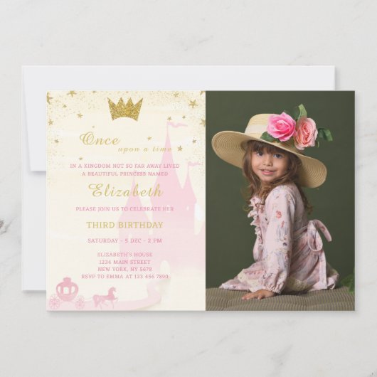 Glitter Prinses Verjaardagsuitnodiging met foto Kaart (Voorkant)
