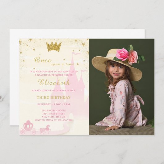 Glitter Prinses Verjaardagsuitnodiging met foto Kaart (Voorkant / Achterkant)