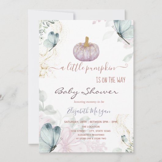 Glitter Pumpkin Blue Butterflies Baby shower Kaart (Voorkant)