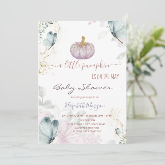 Glitter Pumpkin Blue Butterflies Baby shower Kaart (Staand voorkant)