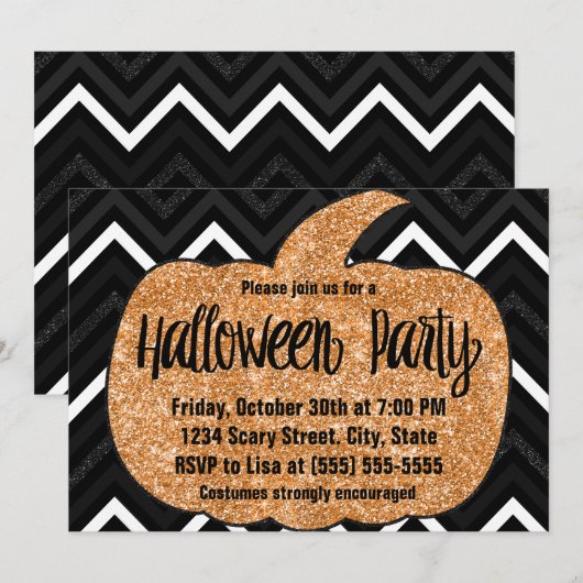 Glitter Pumpkin Halloween Party Invitation Kaart (Voorkant / Achterkant)