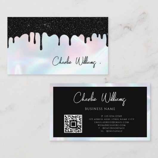 Glitter QR Code Holographic Black Driving Visitekaartje (Voorkant / Achterkant)