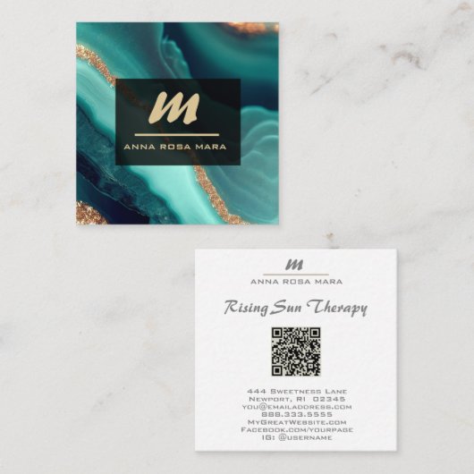 *~* Glitter QR Luxe Initiaal AP66 Turquoise Gold Vierkante Visitekaartje (Voorkant / Achterkant)