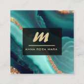 *~* Glitter QR Luxe Initiaal AP66 Turquoise Gold Vierkante Visitekaartje (Voorkant)