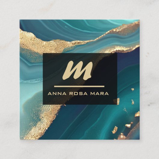 *~* Glitter QR Luxe Initiaal Turquoise AP66 Gold Vierkante Visitekaartje (Voorkant)