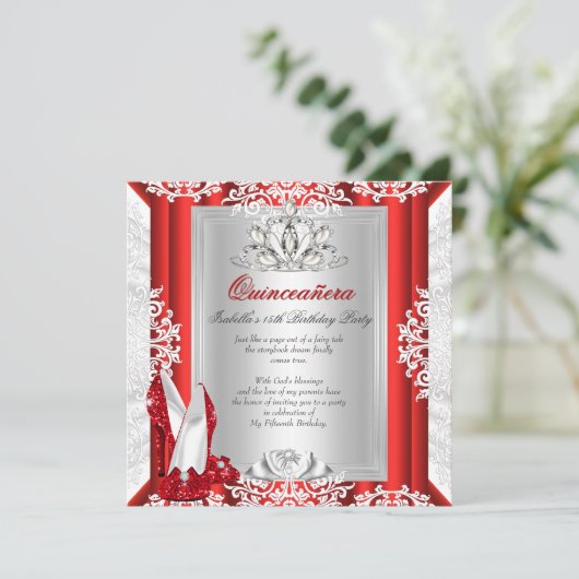 Glitter Quinceanera 15th Birthday Party Red Shoes Kaart (Staand voorkant)