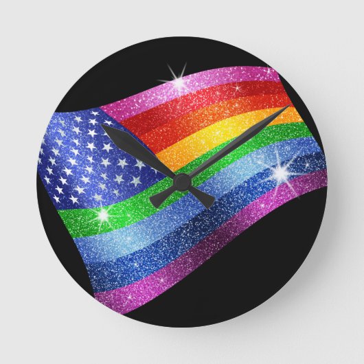 Glitter Rainbow American Flag Clock Ronde Klok (Voorkant)