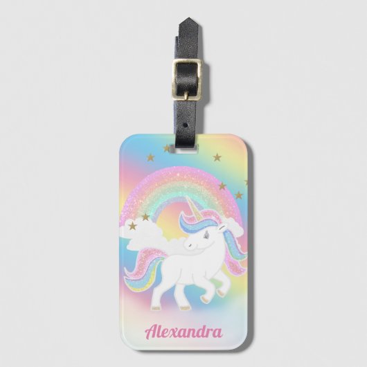 Glitter Rainbow en Unicorn met persoonlijke naam Bagagelabel (Voorkant (verticaal))