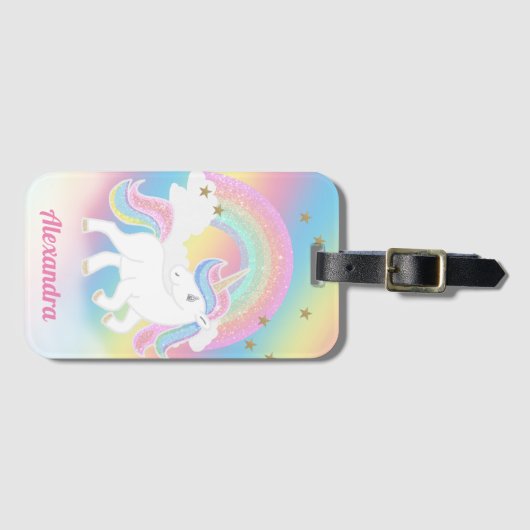 Glitter Rainbow en Unicorn met persoonlijke naam Bagagelabel (Voorkant (horizontaal))