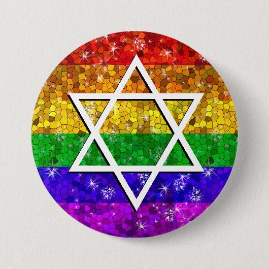 Glitter Rainbow Flag Gay Jewish Star van David Ronde Button 7,6 Cm (Voorkant)