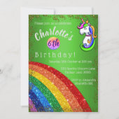 Glitter Rainbow Green Unicorn Birthday Uitnodiging (Voorkant)